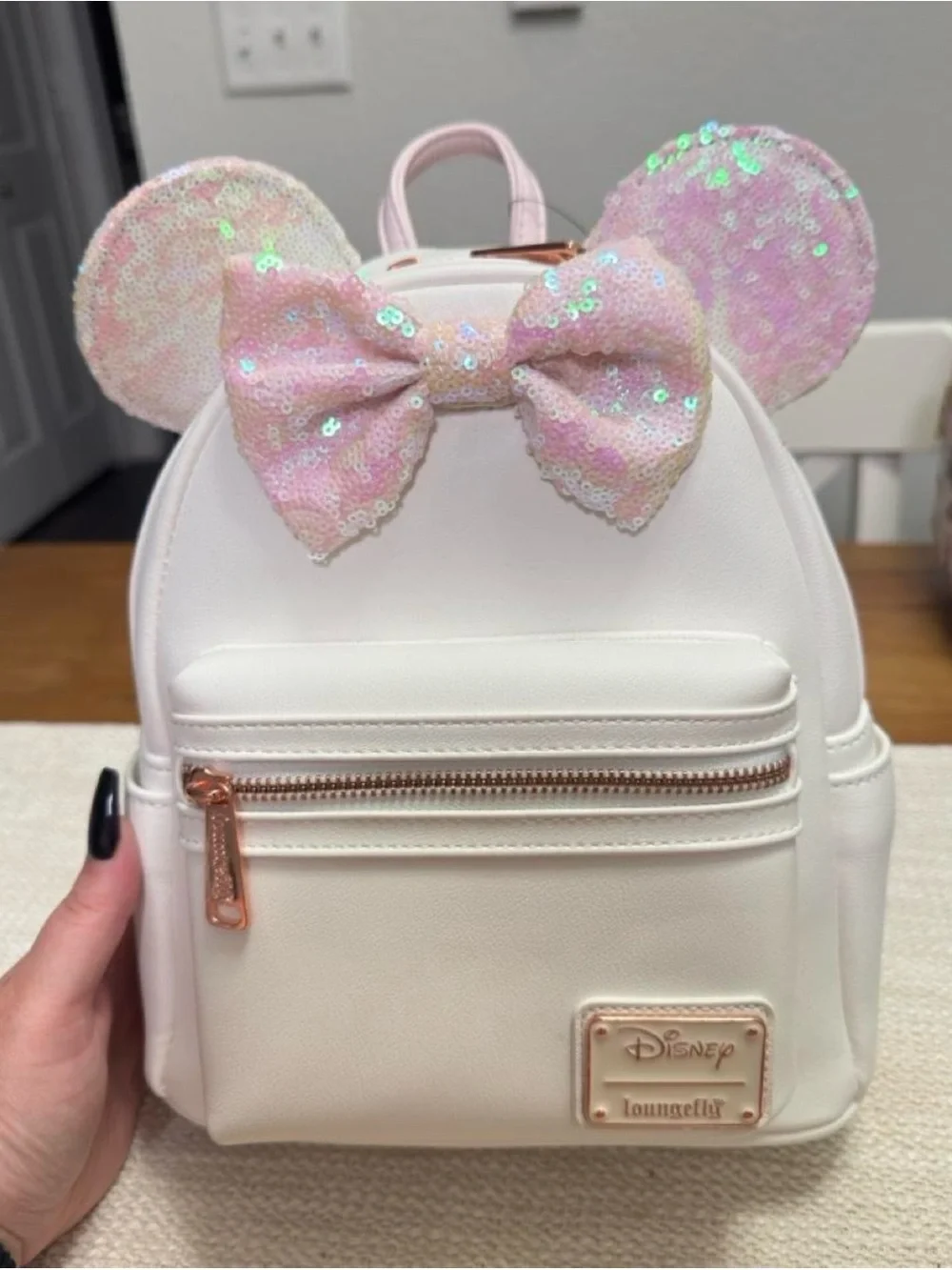Loungefly White Mini Backpack with Pink Sequin Ears & Bow